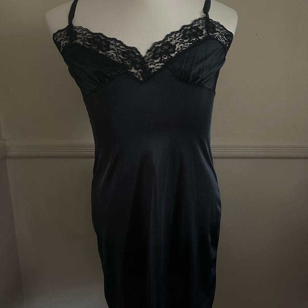 80s Black Lace-Trim Slip Dress